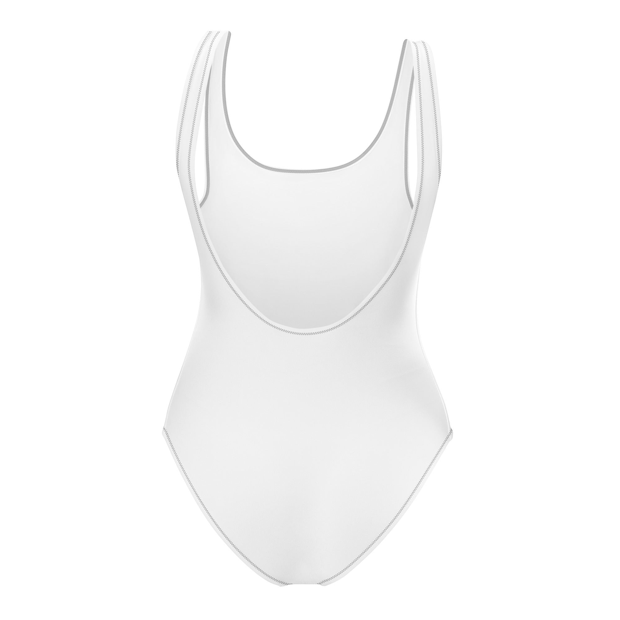 Stylio white one-piece swimsuit with scoop neckline, low scoop back, and zig-zag stitching detail. Made from recycled polyester and elastane.