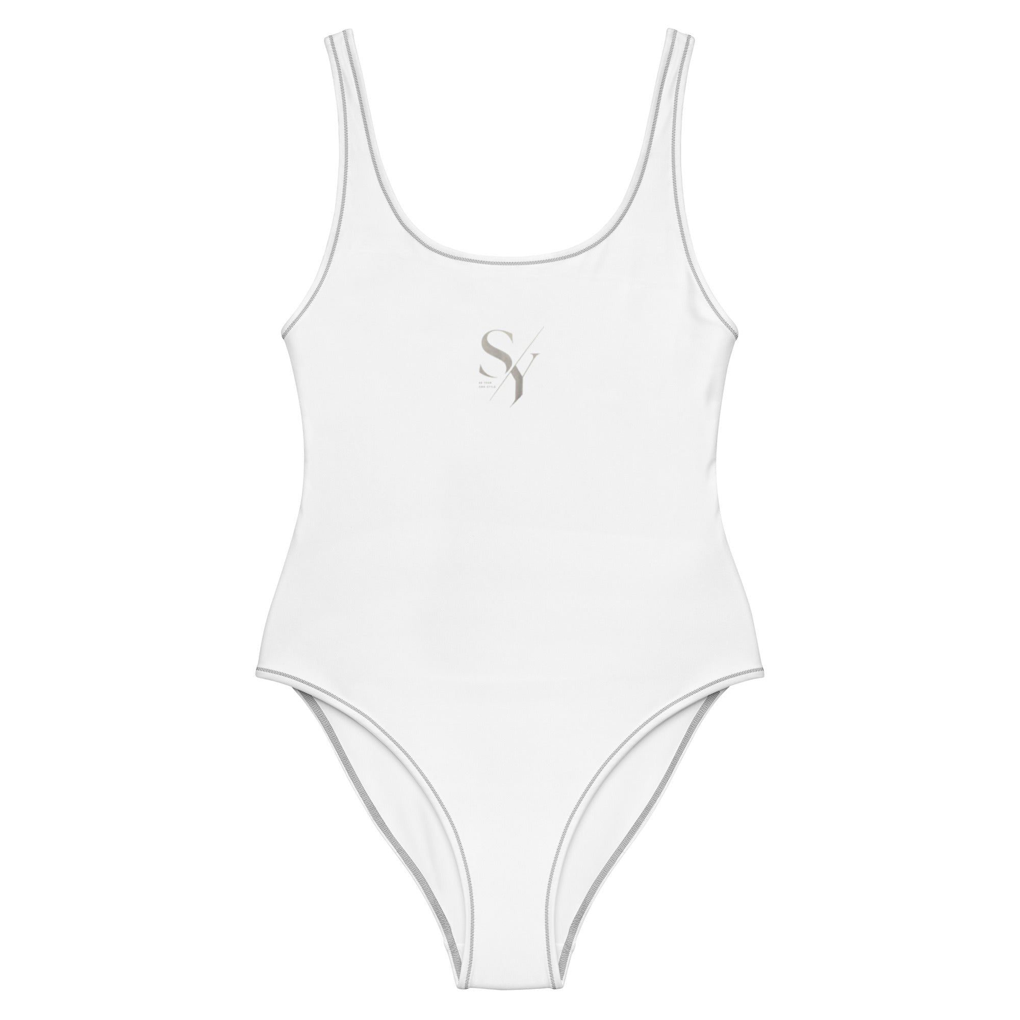 Stylio white one-piece swimsuit with scoop neckline and low scoop back, made from recycled polyester and elastane.