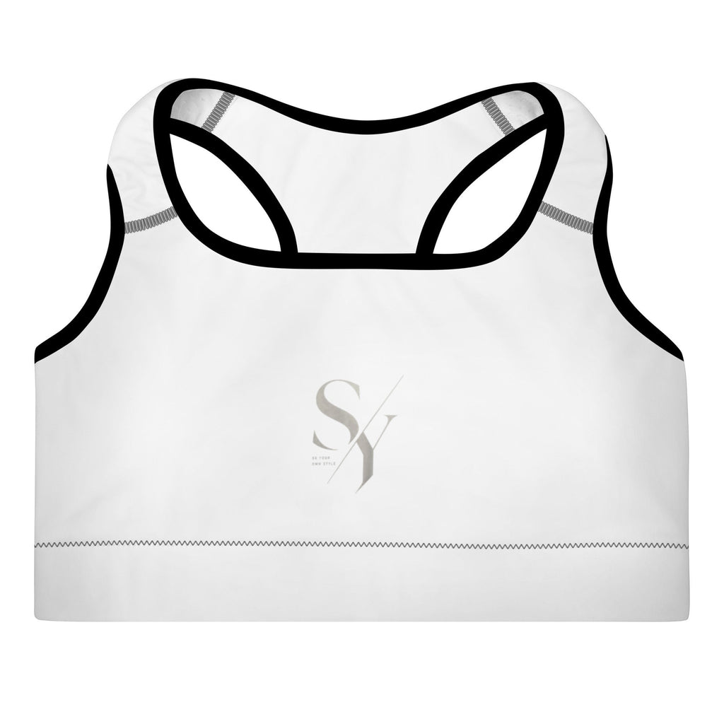 Stylio white padded sports bra with black trim, racerback, and removable padding. Moisture-wicking fabric for maximum support.