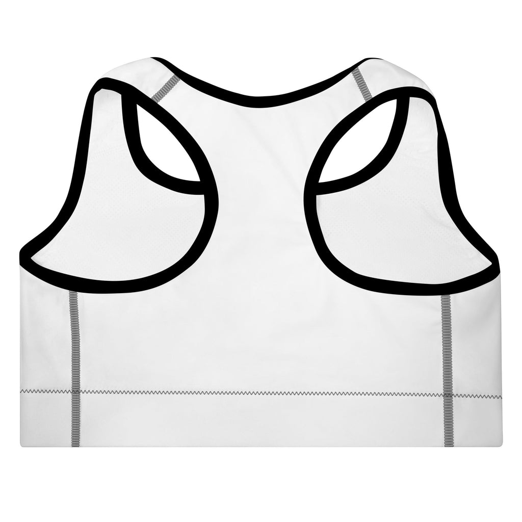 Stylio white padded sports bra with black trim, racerback, and removable padding for A-C cups. Moisture-wicking fabric.