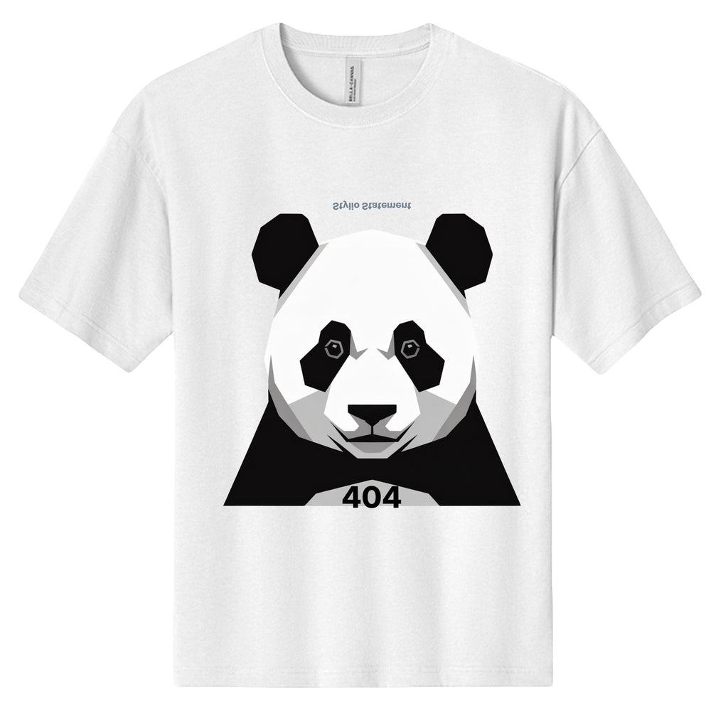 Stylio white 100% cotton heavyweight t-shirt with a graphic of a panda face and the number 404.