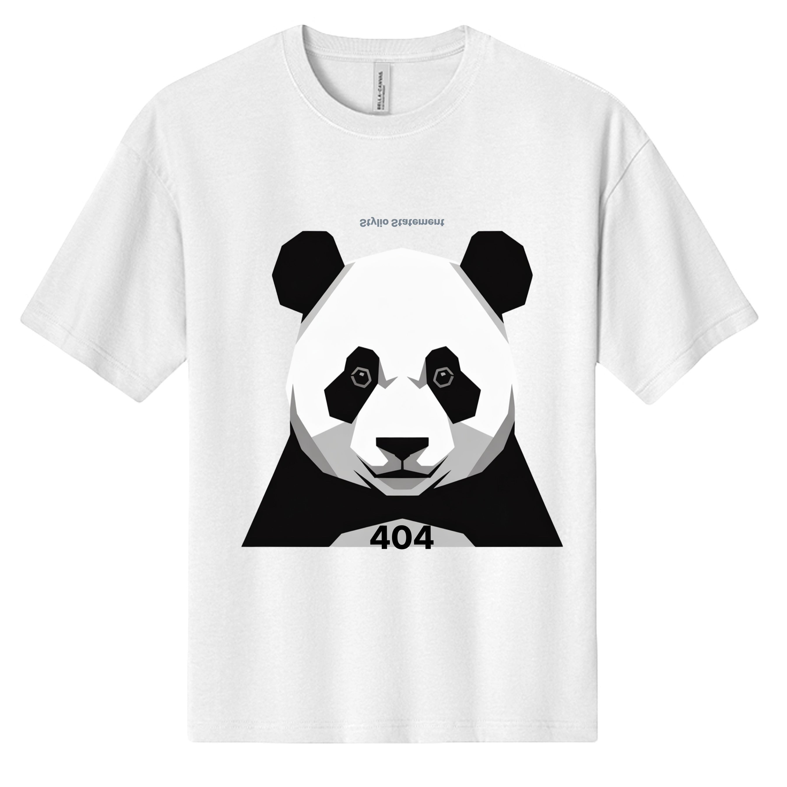 Stylio white 100% cotton heavyweight t-shirt with a graphic of a panda face and the number 404.