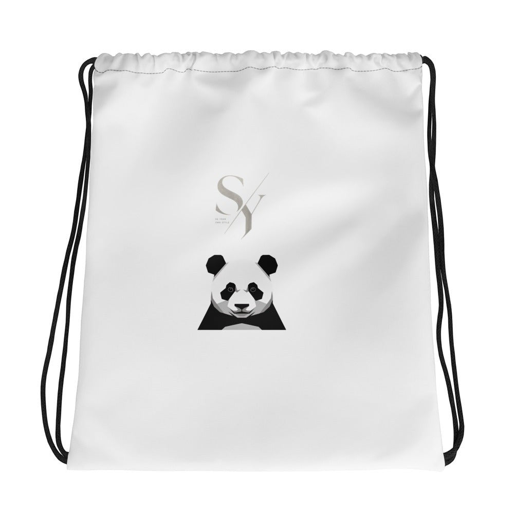 Stylio white polyester drawstring bag with a graphic of a panda and the brand logo 'SY'.