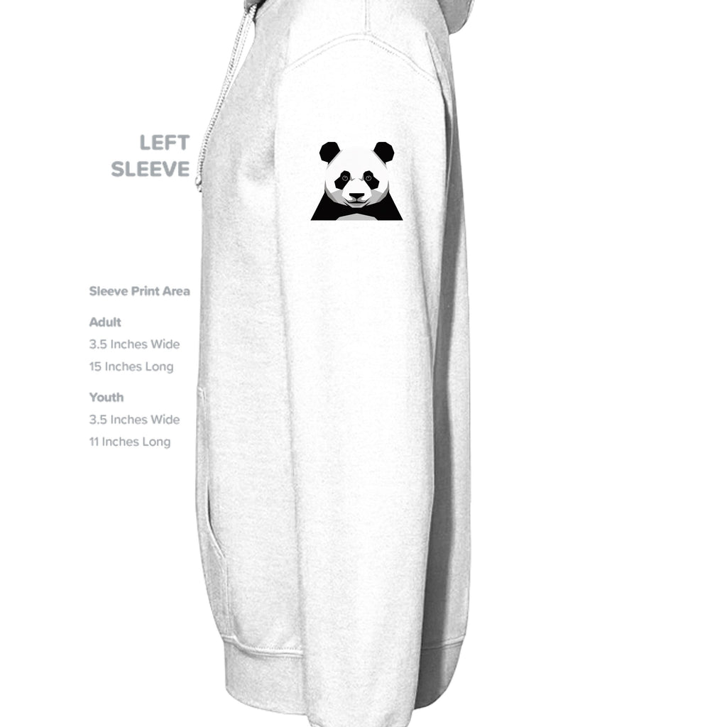 Stylio white cotton-blend hoodie with a small panda graphic on the left sleeve. Features a pouch pocket and drawstring hood.