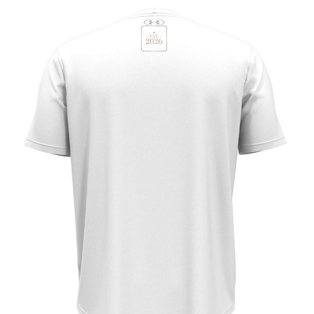 Stylio x Under Armour white short-sleeve t-shirt made from 100% recycled polyester with moisture-wicking and anti-odor technology.
