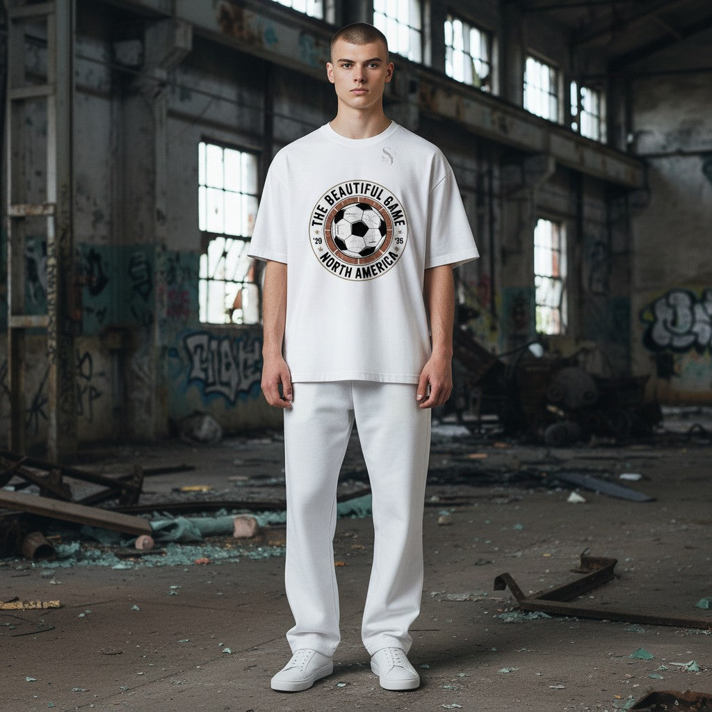 Stylio white crew neck t-shirt with a graphic of a soccer ball and text "The Beautiful Game North America '20 '26".
