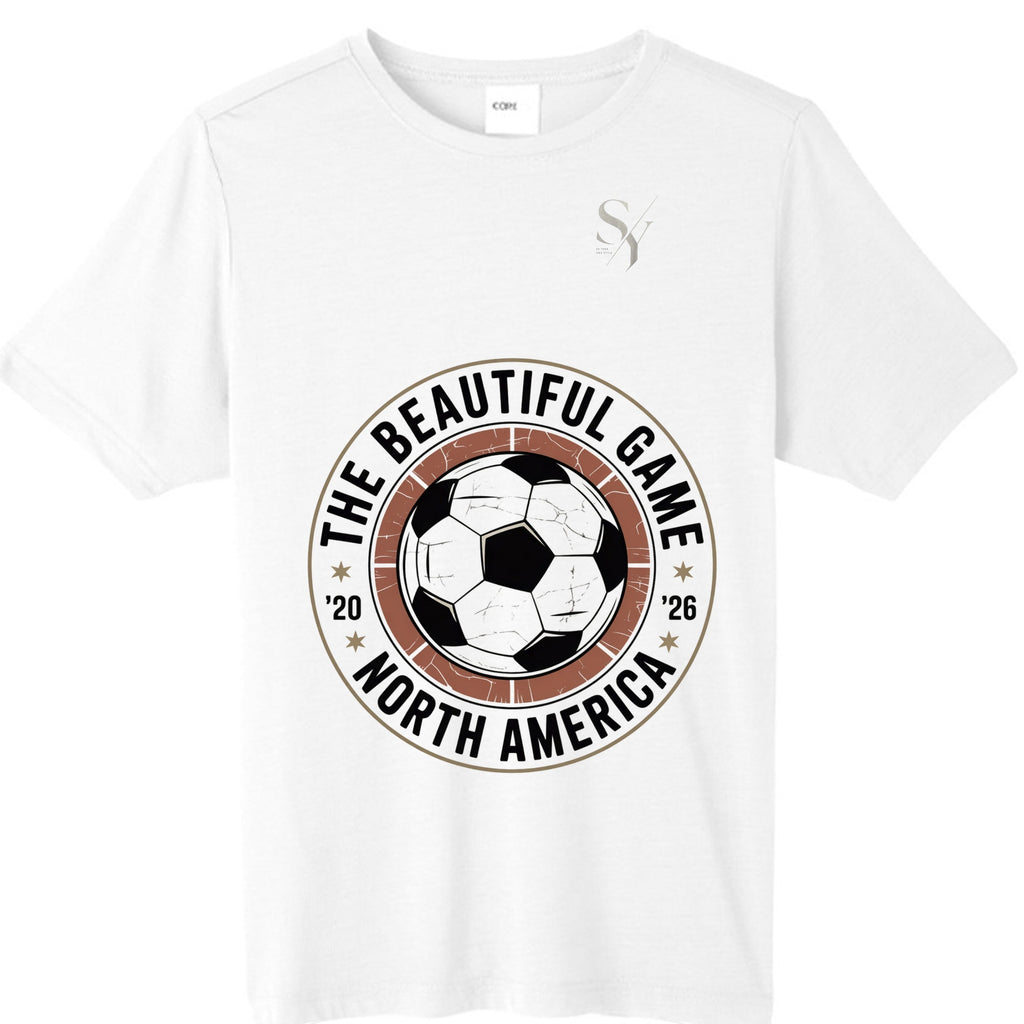 Stylio white crew neck t-shirt with a graphic of a soccer ball and text "The Beautiful Game" and "North America '20 '26".
