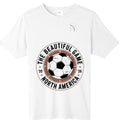 Stylio white crew neck t-shirt with a graphic of a soccer ball and text "The Beautiful Game" and "North America '20 '26".