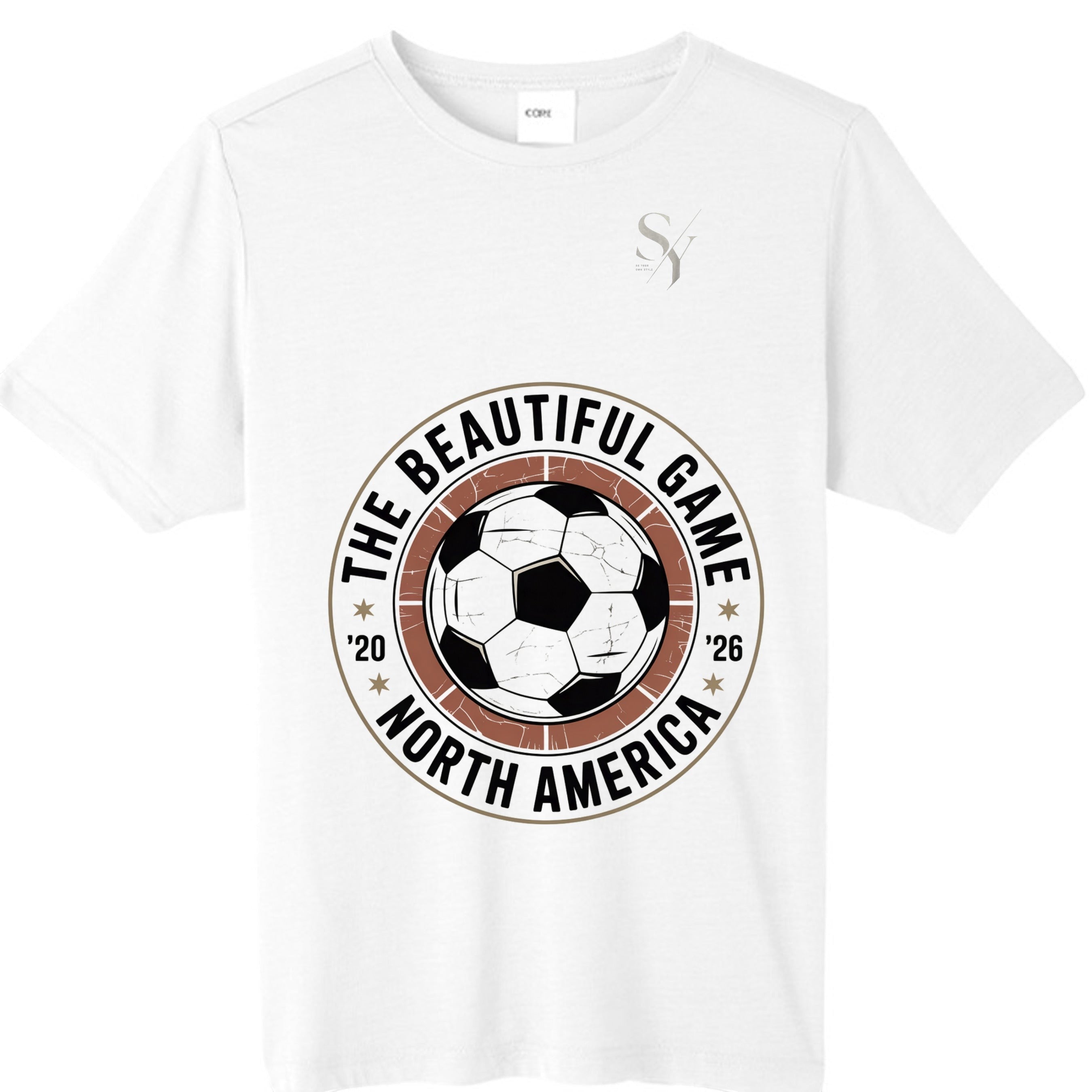 Stylio white crew neck t-shirt with a graphic of a soccer ball and text "The Beautiful Game" and "North America '20 '26".