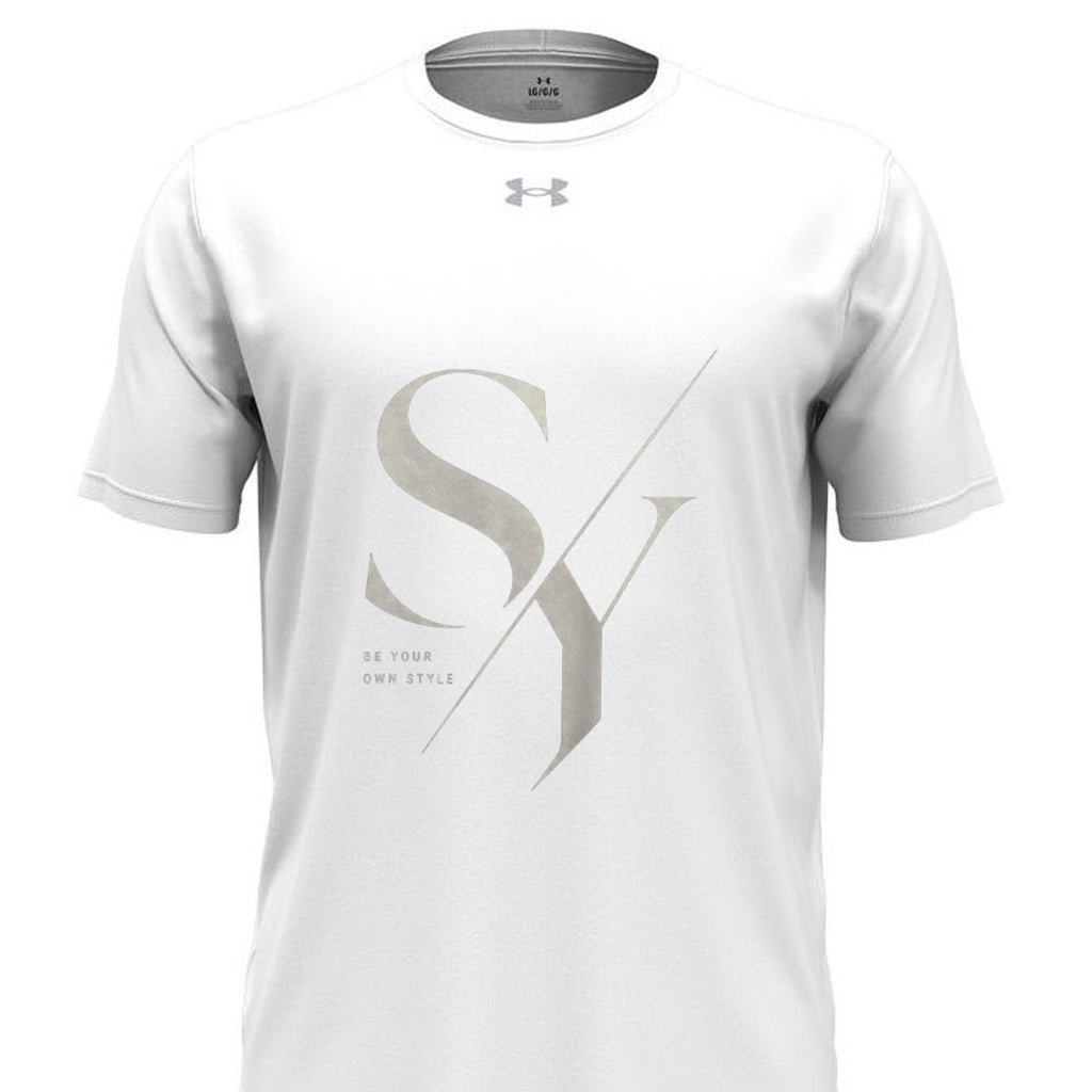 Stylio x Under Armour white short-sleeve t-shirt with large grey 'SY' graphic and 'BE YOUR OWN STYLE' text. Made from 100% recycled polyester.