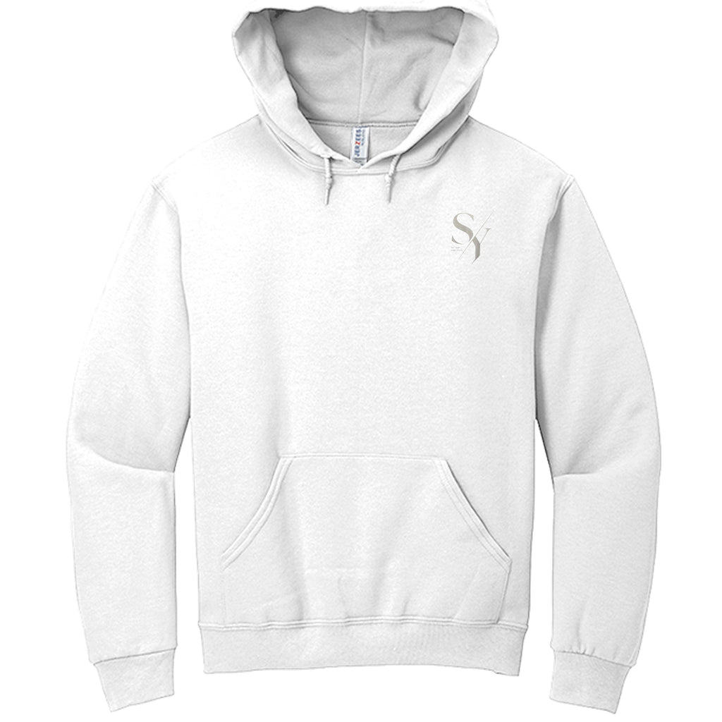 Stylio white cotton-polyester blend hoodie with SY logo on chest and pouch pocket. Features a double-ply hood and drawstring.