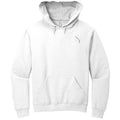 Stylio white cotton-polyester blend hoodie with SY logo on chest and pouch pocket. Features a double-ply hood and drawstring.