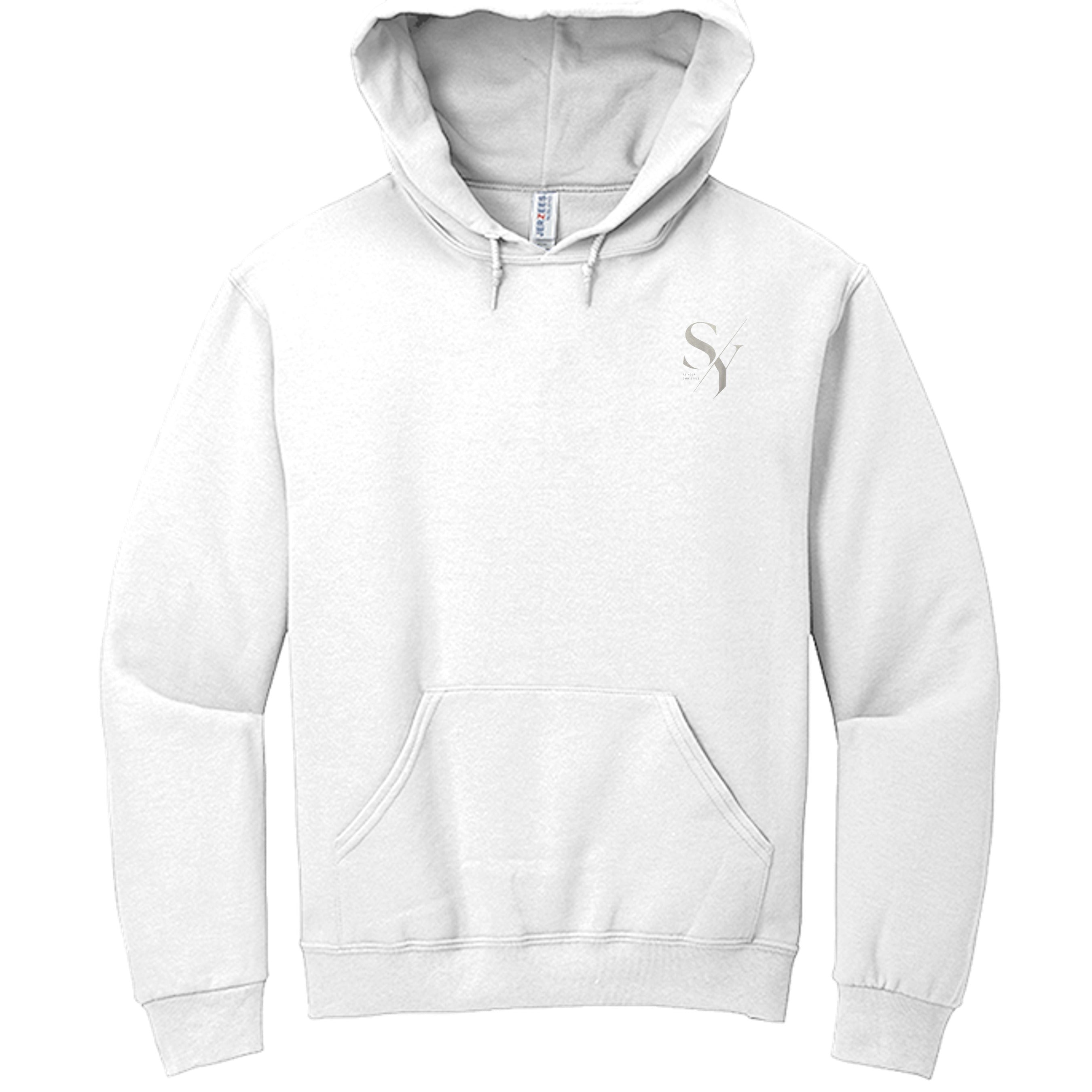 Stylio white cotton-polyester blend hoodie with SY logo on chest and pouch pocket. Features a double-ply hood and drawstring.