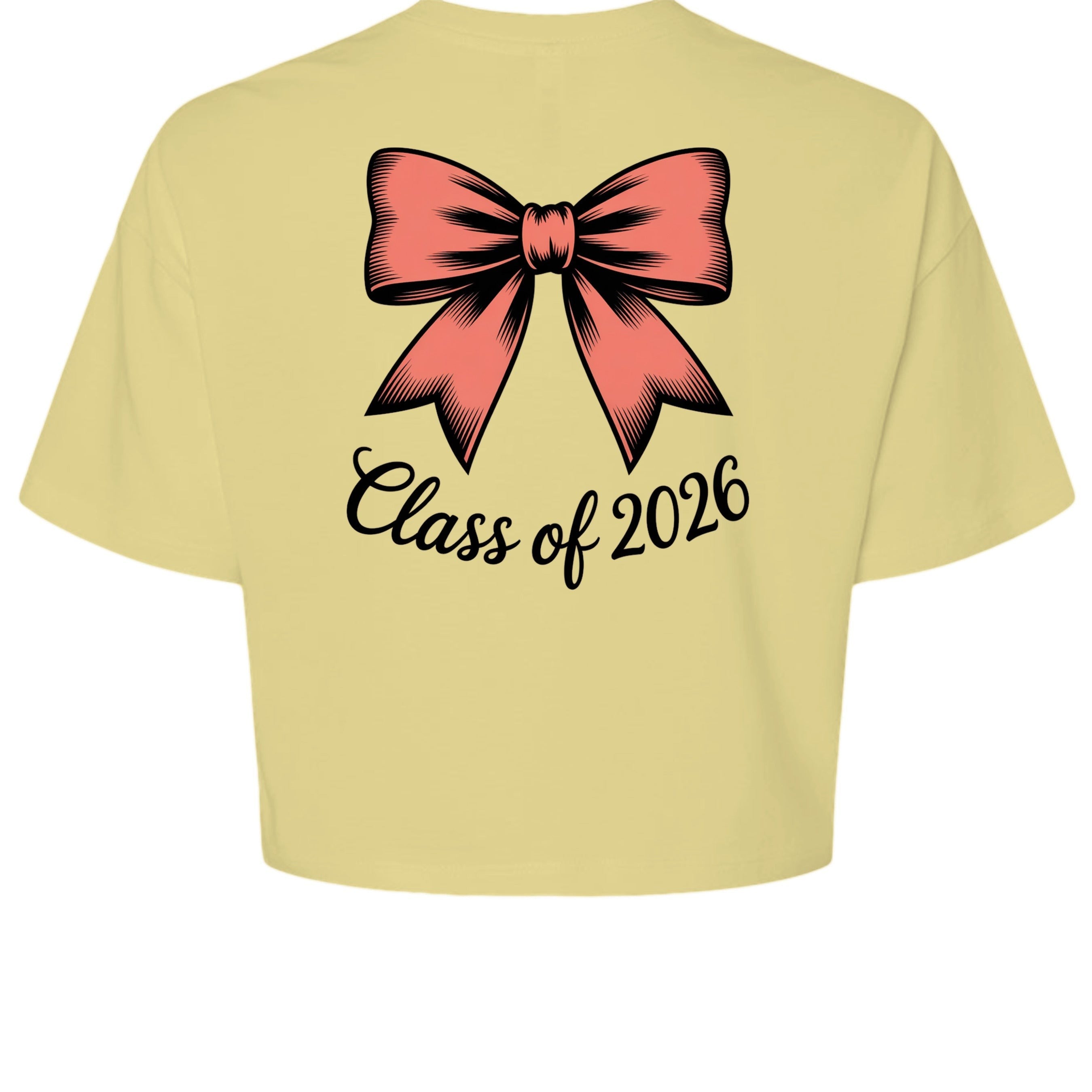 Stylio yellow 100% cotton crop tee with a pink bow graphic and "Class of 2026" text.