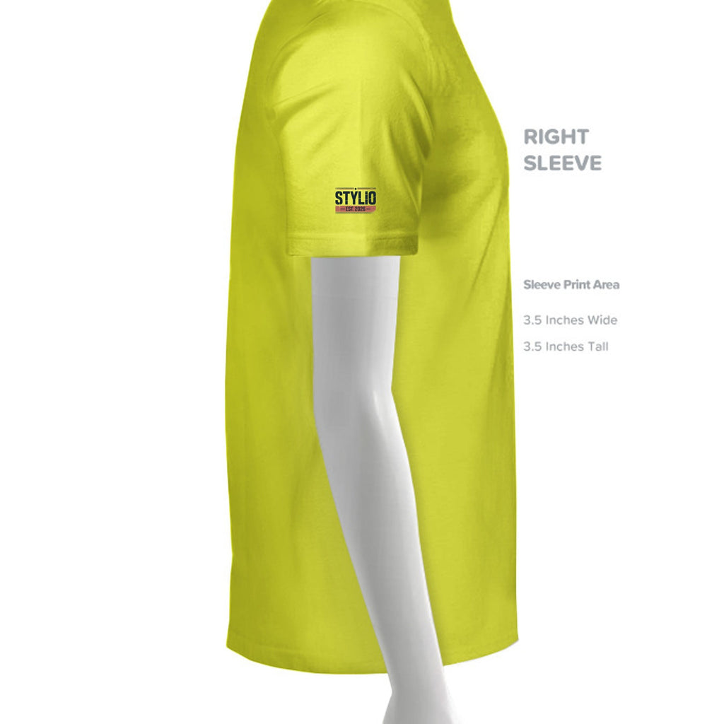 Stylio men's tall performance t-shirt in bright yellow polyester with moisture-wicking ChromaSoft technology and a small logo on the sleeve.